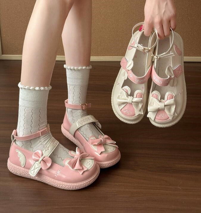 厚底パンプス 姫系りぼん付きストラップ靴 甘可愛い