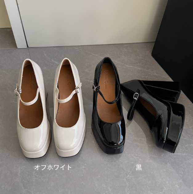 厚底パンプス 黒 エナメル調 太ヒール 9センチ 美脚効果 2024新作