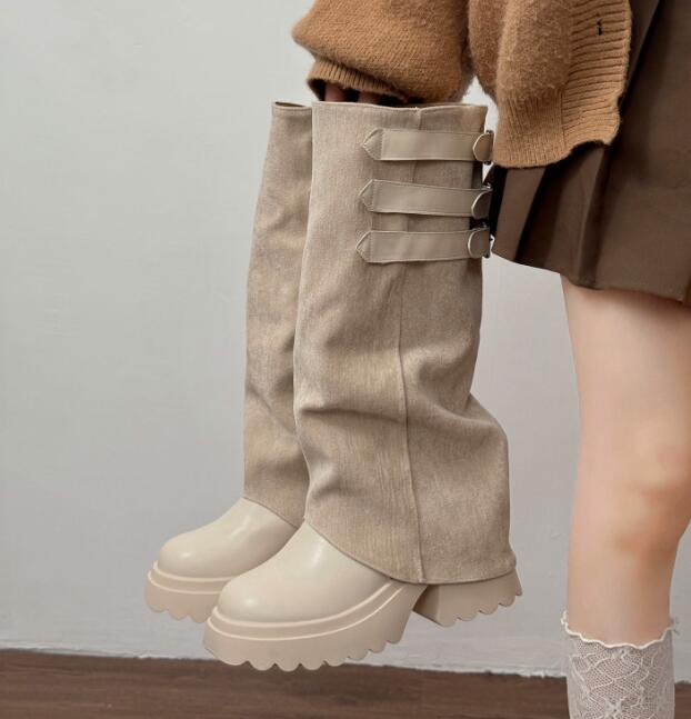 厚底ニーハイブーツ ベルトデザイン お出かけ靴