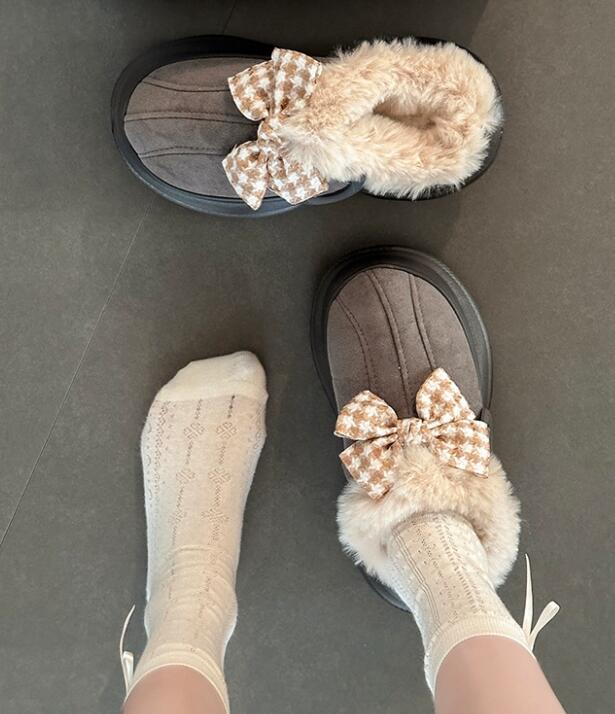 【ふわ甘スタイル】リボン×ファー厚底サンダル（7cm・秋冬あったか）