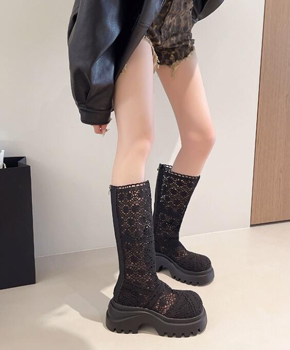 秋冬透かし編みロングブーツ厚底レース柄