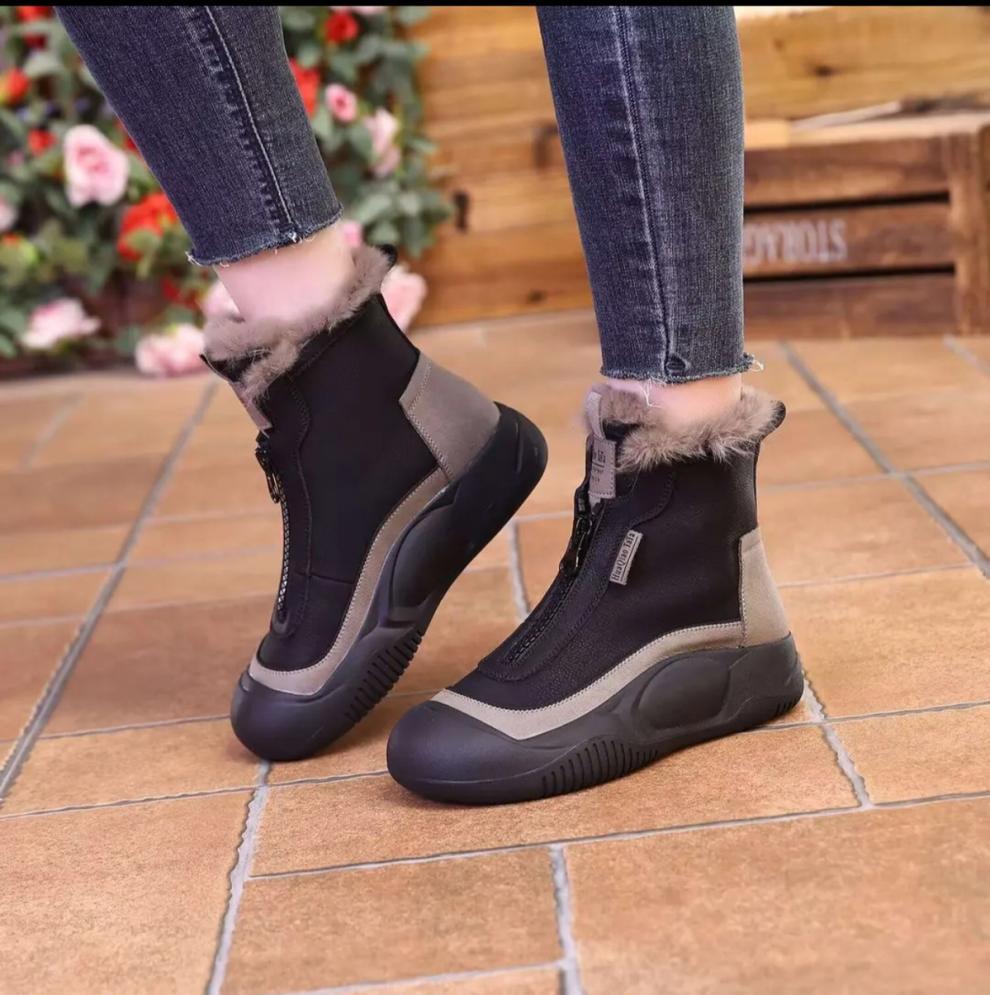 女性用厚底雪ブーツ裏起毛ショート丈ジッパー付き
