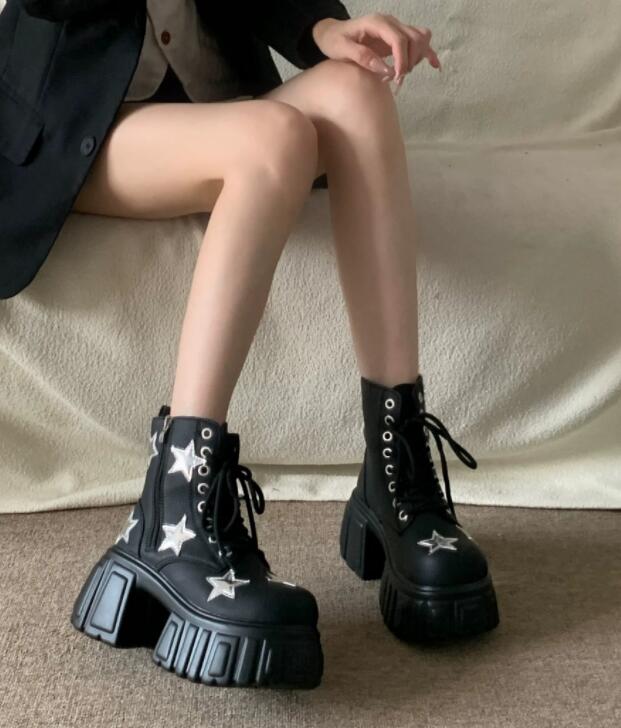 秋冬星柄厚底ブーツ編み上げ黒ショートブーツお出かけ靴