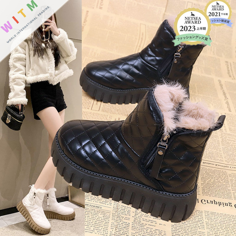 冬新作 裏起毛ショートブーツ 厚底防寒ブーツ ファー付き
