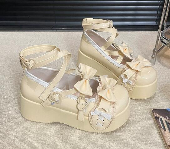 厚底パンプス リボン付き姫系 合皮製 可愛い靴