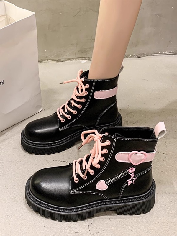 厚底ハイカットブーツ レースアップ合皮ショートブーツ