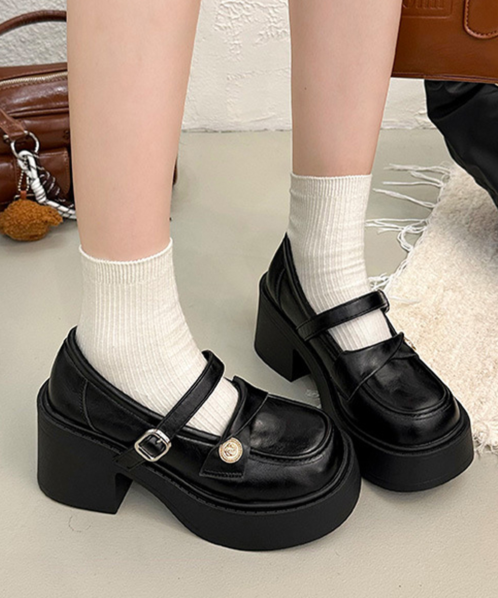 【上品かわいい】ストラップ厚底ローファー（5.5cm・太ヒール・金ボタン・黒/ブラウン）