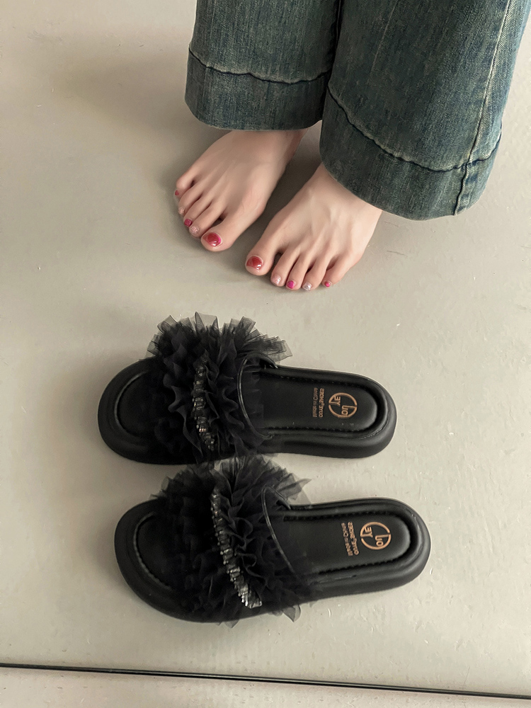 厚底 ふわりチュールフリル厚底サンダル