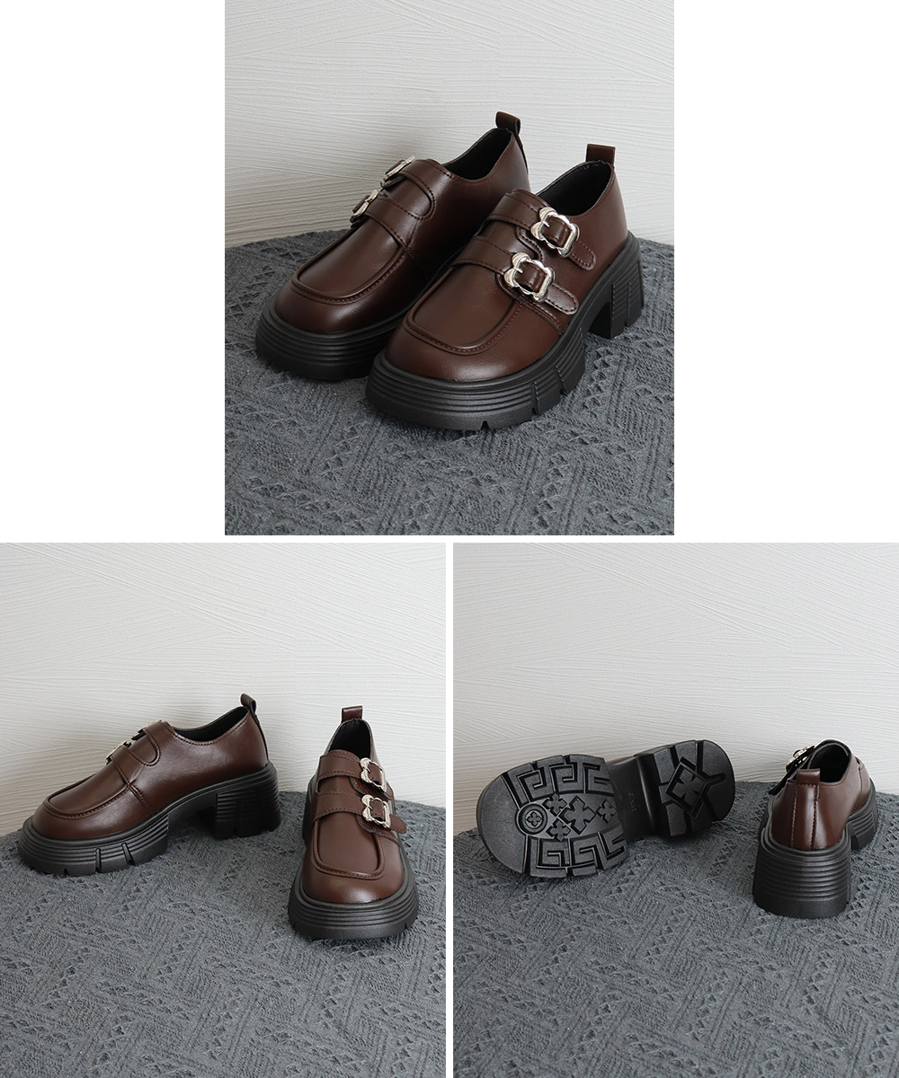 【スタイルアップ】ストラップ厚底ローファー（5cm・レザー調・韓国風・黒/ブラウン）