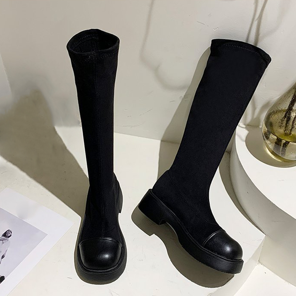 【韓国風×美脚】ラウンドトゥ 厚底ロングブーツ｜4.5cmヒール×異素材ミックス×脚長設計