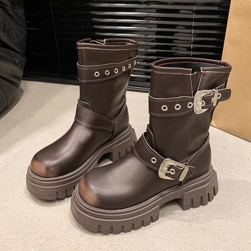 厚底ダブルベルト裏起毛ミドルブーツ黒レディース
