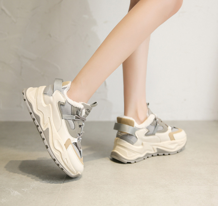 秋冬裏起毛厚底スニーカー　ナチュラル配色ローカット靴