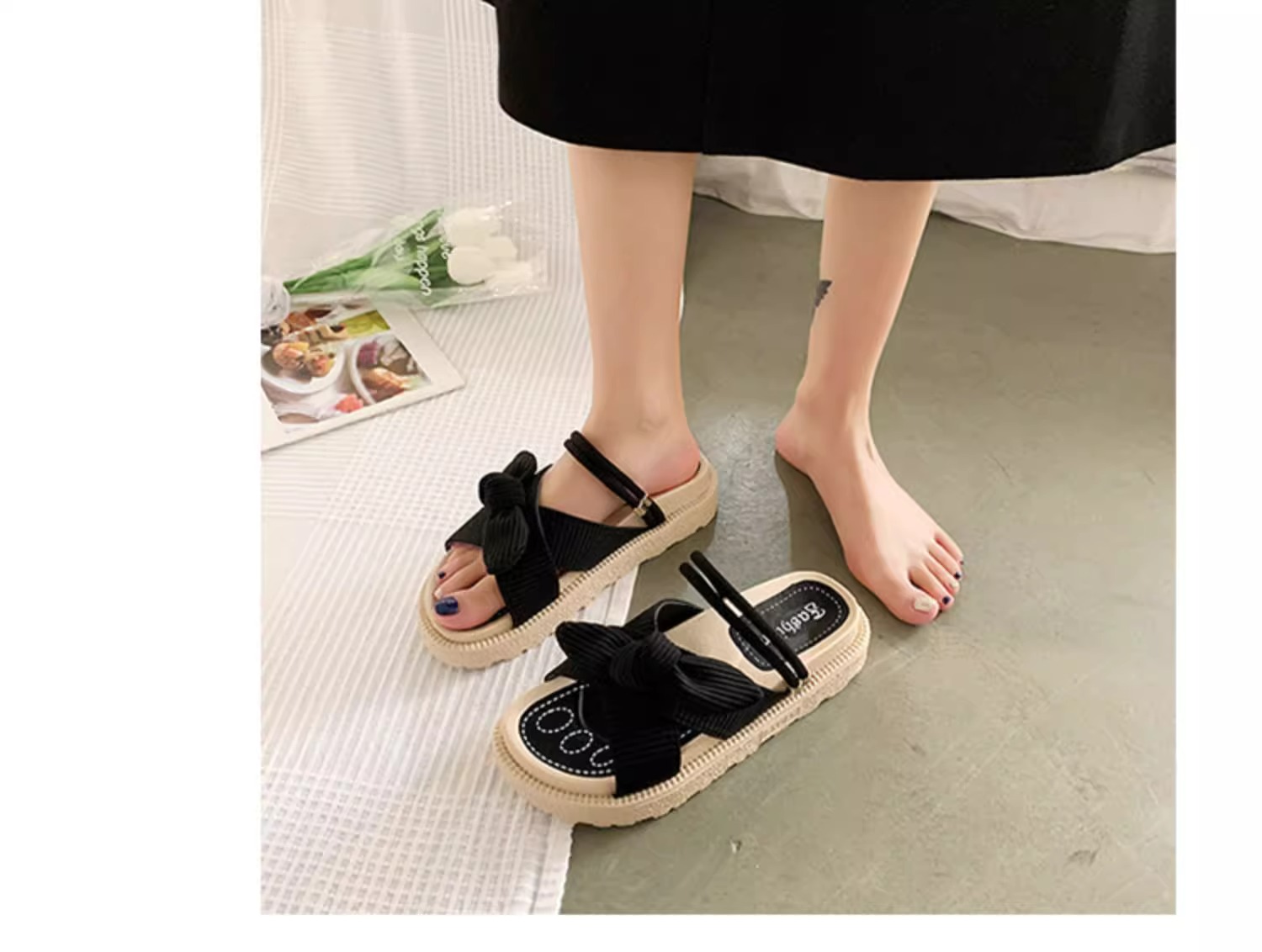 厚底 リボン結び厚底サンダル