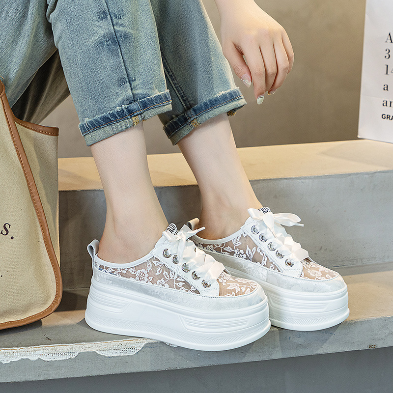 【花柄レース切替 × 軽量 × 可愛い系】+6cm厚底 メッシュスニーカー