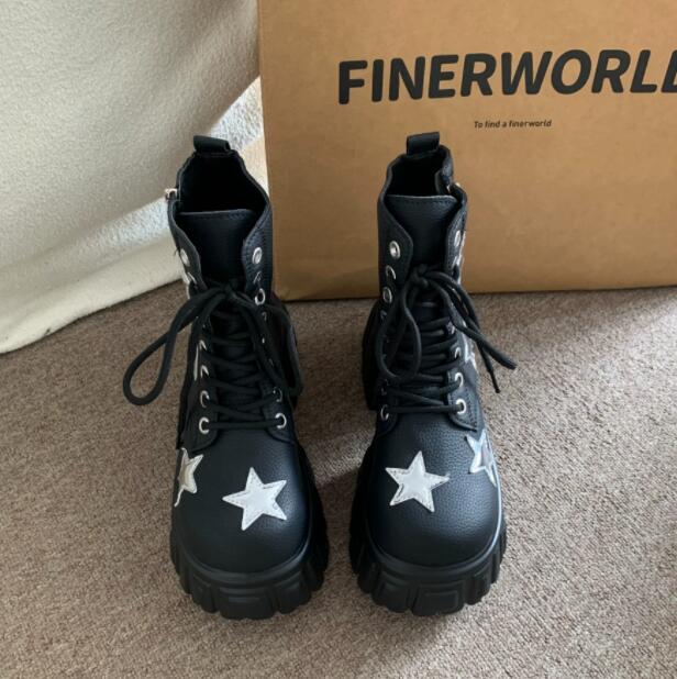 秋冬星柄厚底ブーツ編み上げ黒ショートブーツお出かけ靴