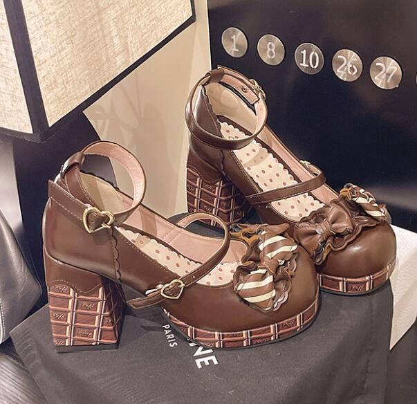 厚底パンプス チョコレート柄 リボン付き甘姫系靴