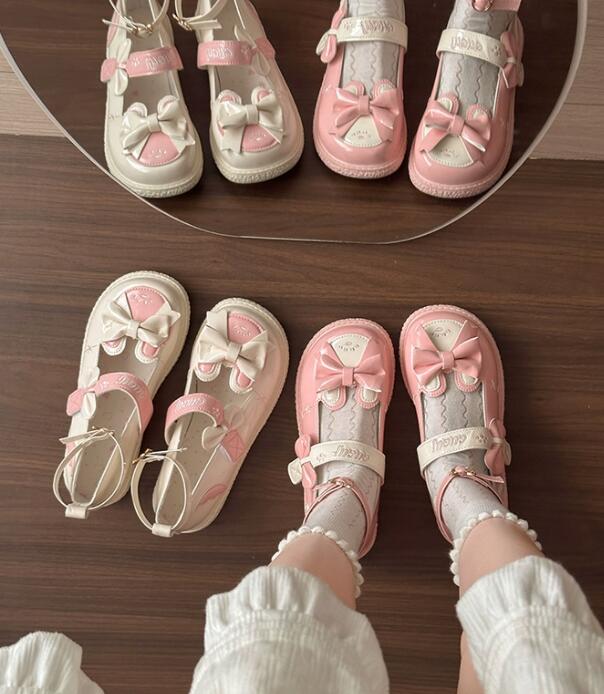 厚底パンプス 姫系りぼん付きストラップ靴 甘可愛い