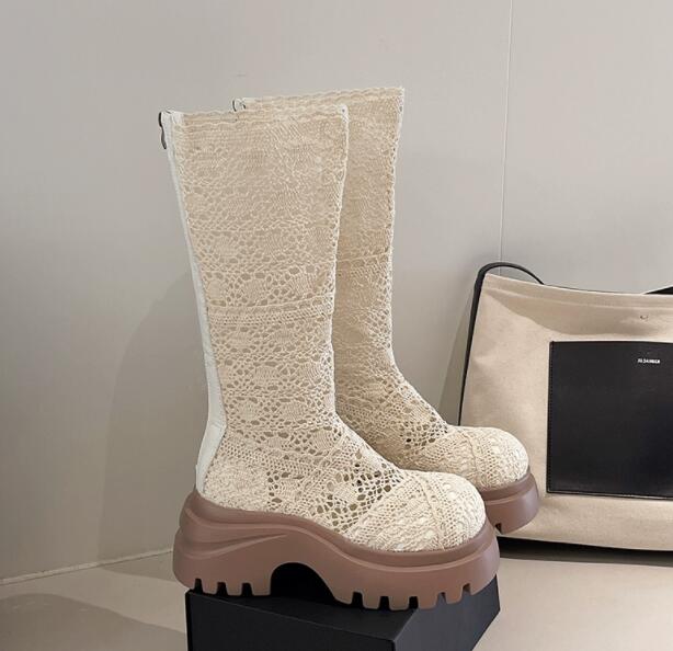 秋冬透かし編みロングブーツ厚底レース柄