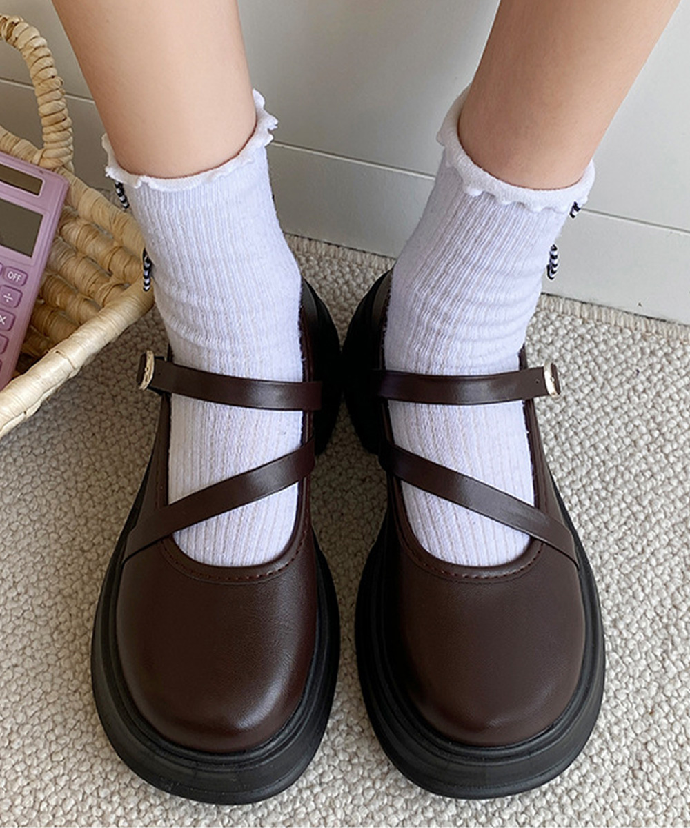 厚底ローファー レディース 二重ベルト 美脚 学院風