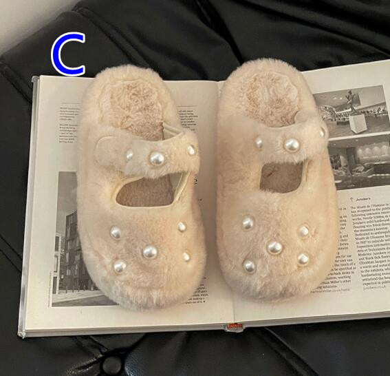 【上品ふわもこ】パール×ファー厚底サンダル（5cm・秋冬つっかけ）