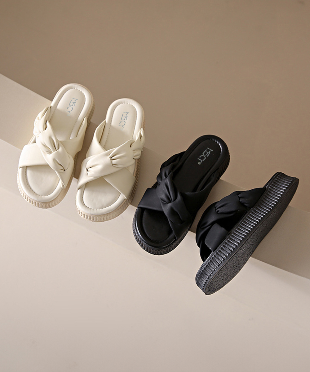 レディース厚底サンダル リボン付きスリッパ