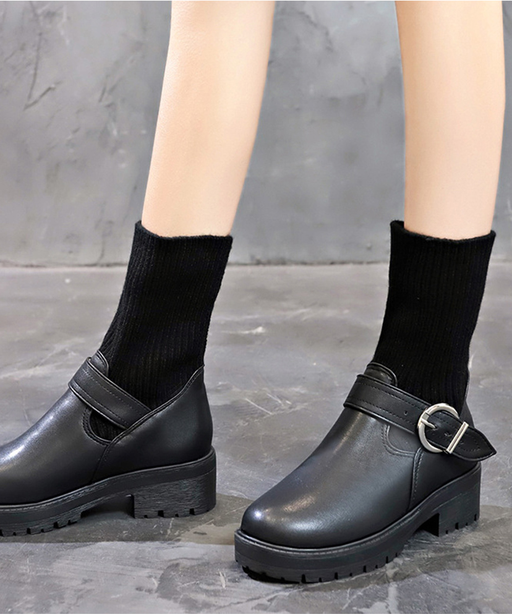 【靴下風ニット切り替え×暖かフィット×韓国系】5.0cm厚底ショートブーツ