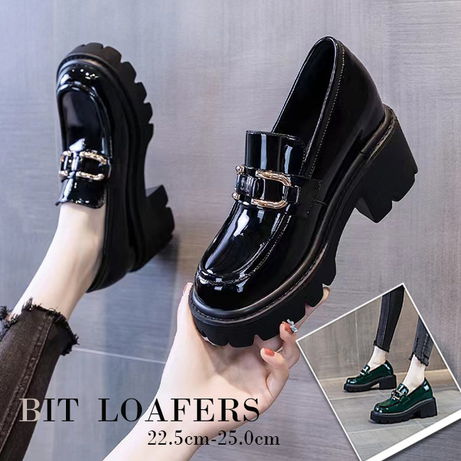 厚底ローファー レディース 光沢金具付き 美脚効果 黒緑二色