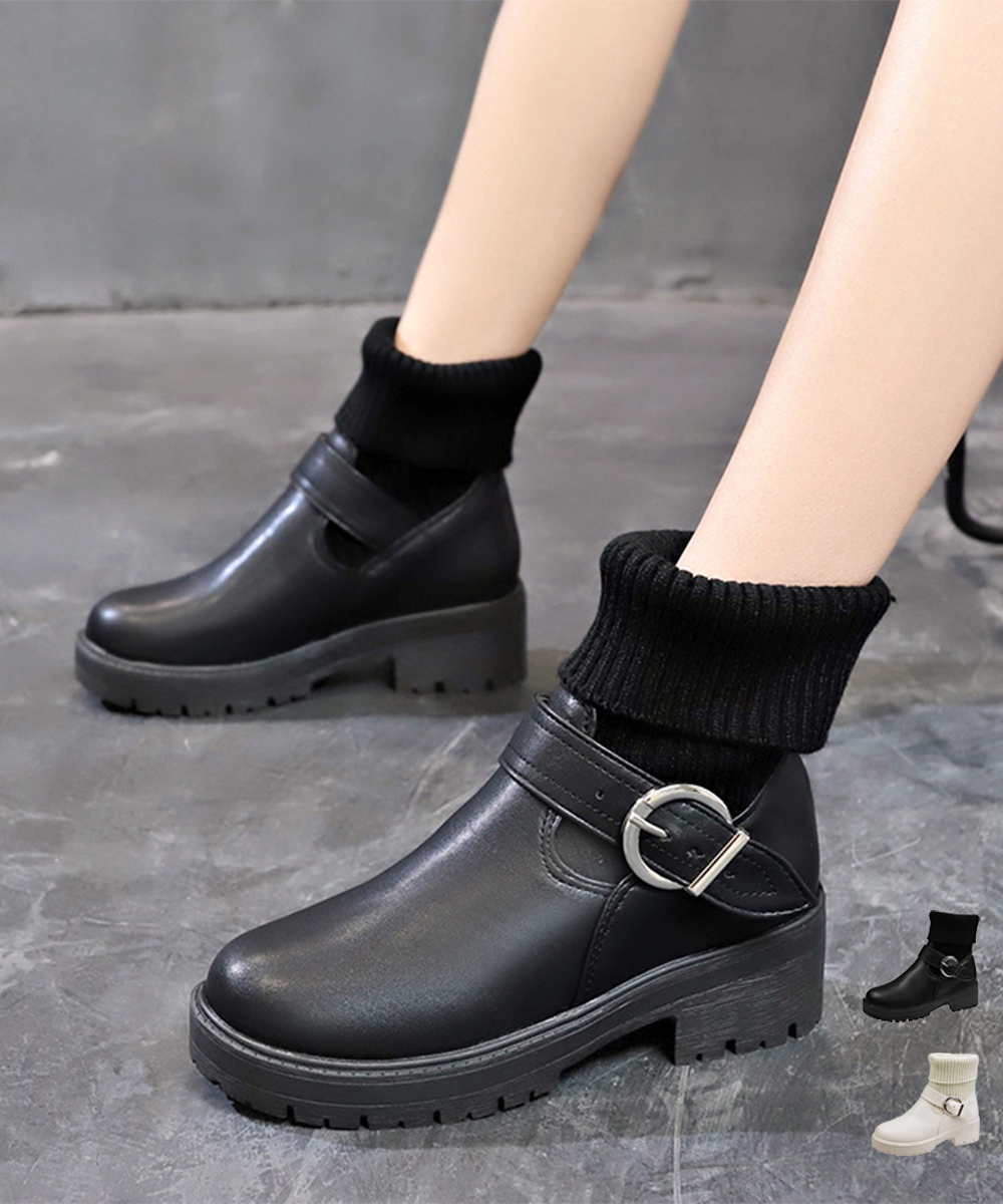 【靴下風ニット切り替え×暖かフィット×韓国系】5.0cm厚底ショートブーツ