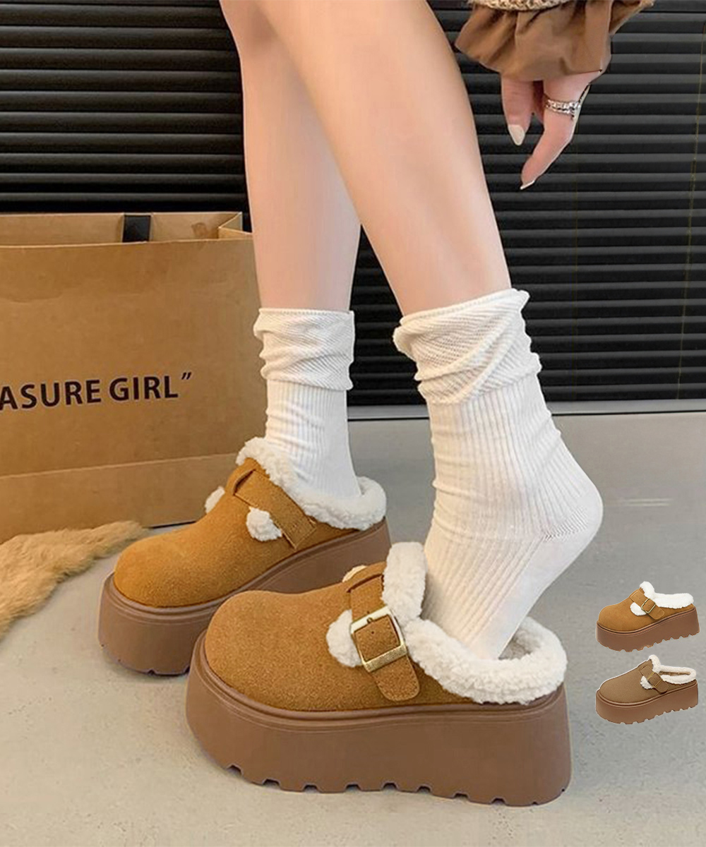 【もこもこボア×防寒×快適】+6cm厚底サボサンダル｜バックルデザイン・2色展開