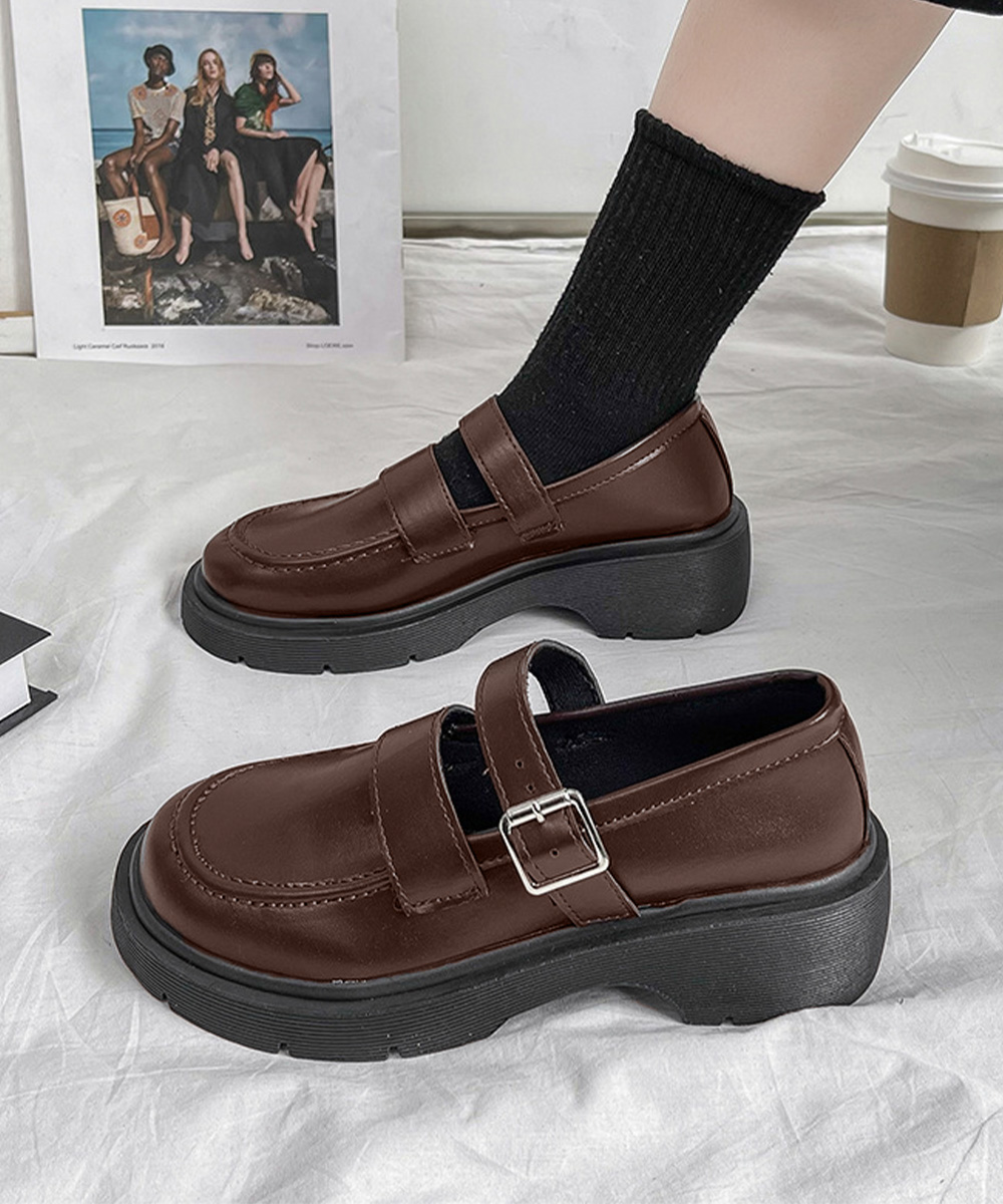 厚底ローファー レディース ストラップ付き 太ヒール