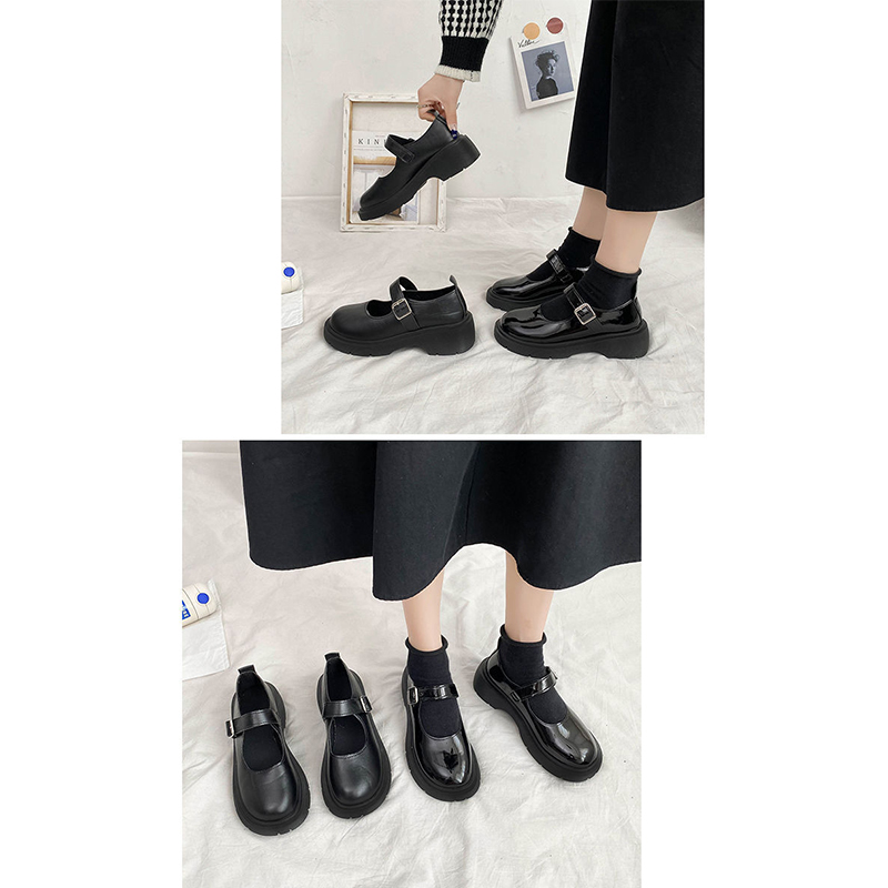 厚底ローファー レディース ストラップ 黒 光沢マット二種類