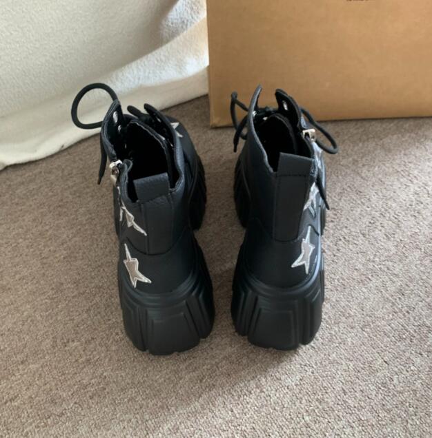 秋冬星柄厚底ブーツ編み上げ黒ショートブーツお出かけ靴