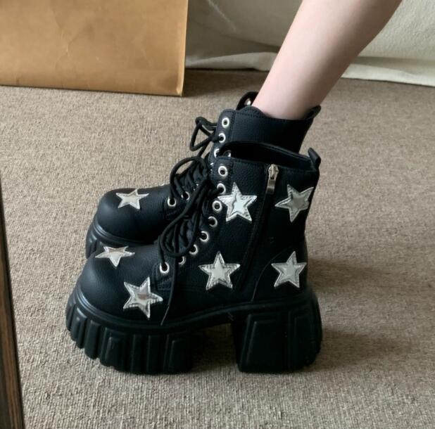 秋冬星柄厚底ブーツ編み上げ黒ショートブーツお出かけ靴