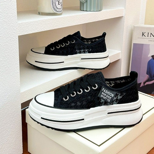 透け感レース厚底スニーカー千鳥格子柄美脚効果