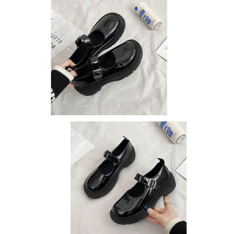 厚底ローファー レディース ストラップ 黒 光沢マット二種類