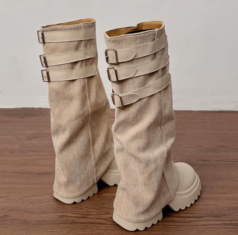 厚底ニーハイブーツ ベルトデザイン お出かけ靴