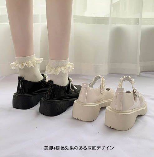 パール装飾ストラップパンプス エナメル風厚底 黒白2色