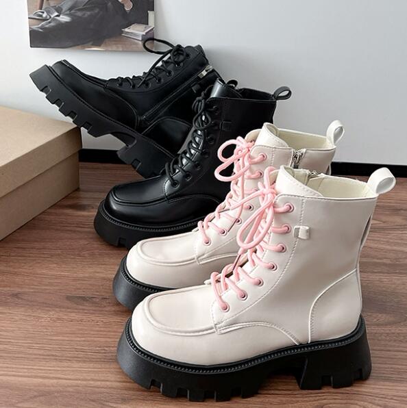 秋冬厚底ブーツ レースアップ編み上げショートブーツ