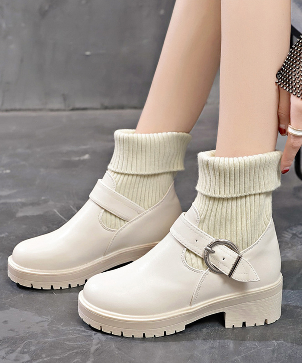 【靴下風ニット切り替え×暖かフィット×韓国系】5.0cm厚底ショートブーツ