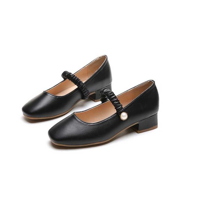 【美脚・脚長】パール装飾厚底パンプス（スクエアトゥ・黒/ベージュ・チャンキーヒール）