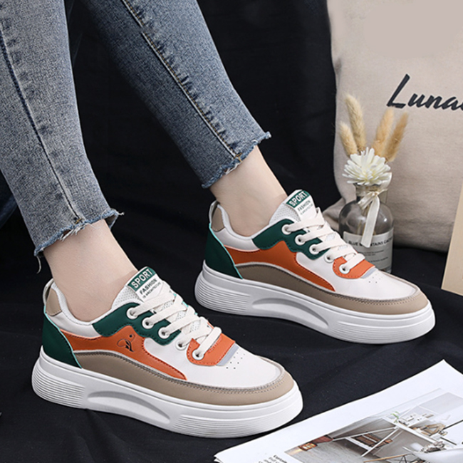 女性用配色厚底スニーカー通気性抜群復古風紐靴