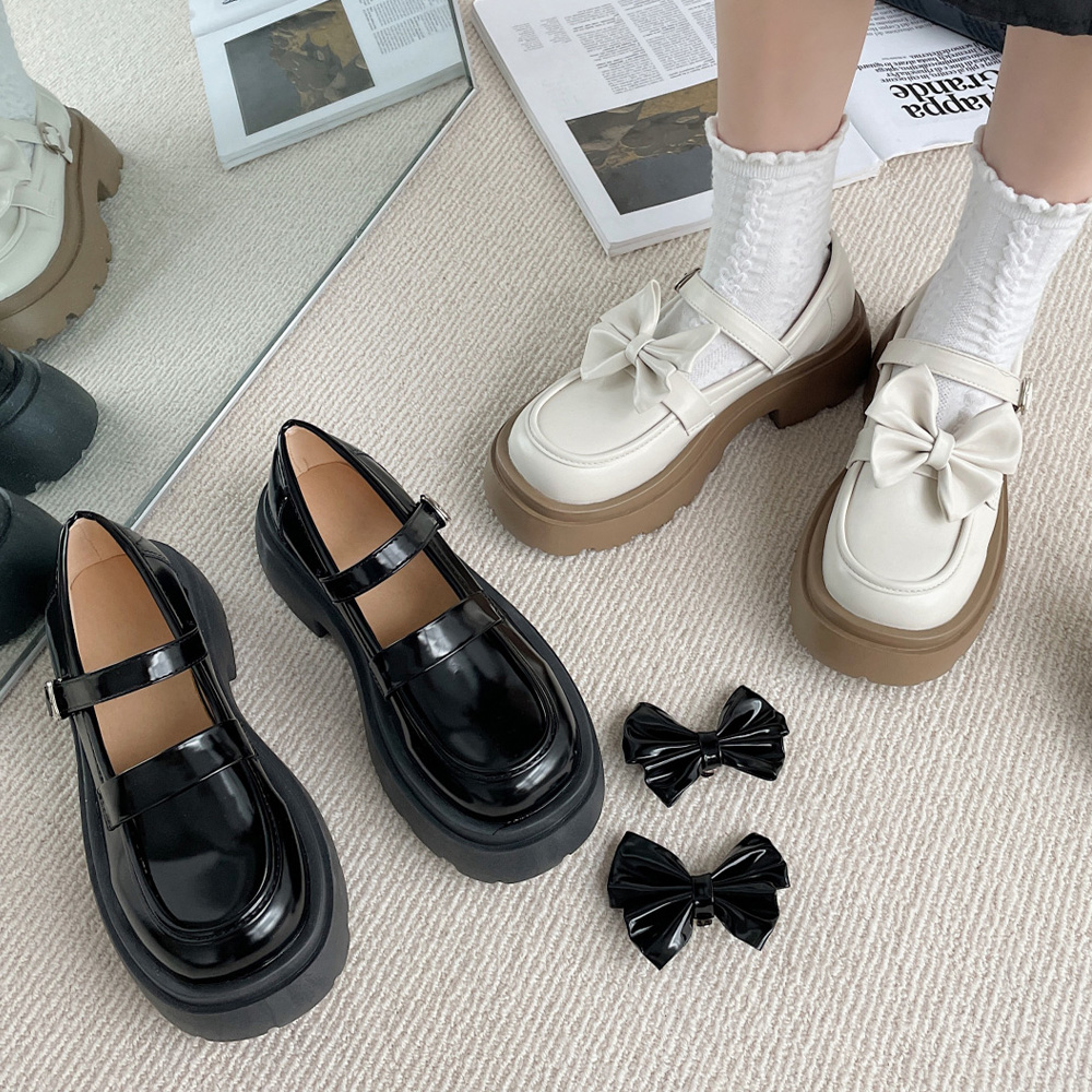 厚底ローファー レディース 取り外し可能リボン付き