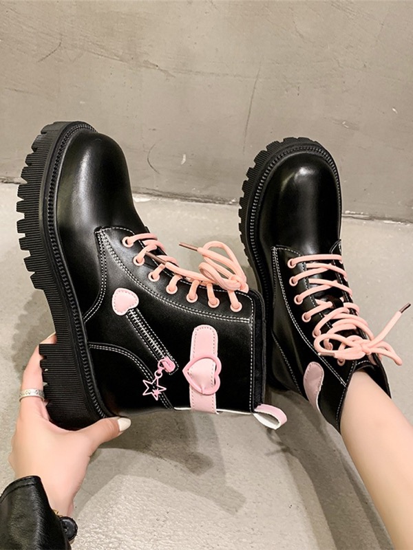 厚底ハイカットブーツ レースアップ合皮ショートブーツ