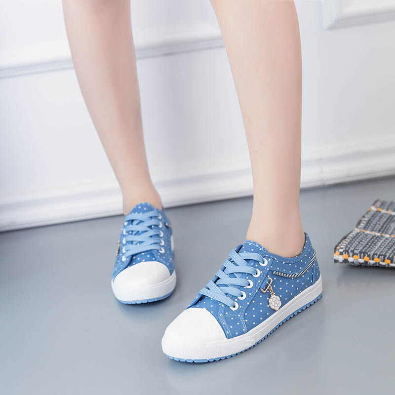 レディース 水玉ドット柄 厚底スニーカー 花飾りファスナー付き