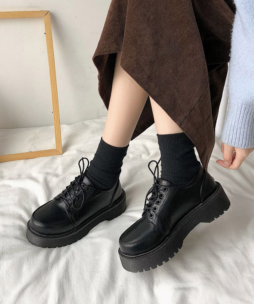 厚底編み上げローファー レディース美脚靴