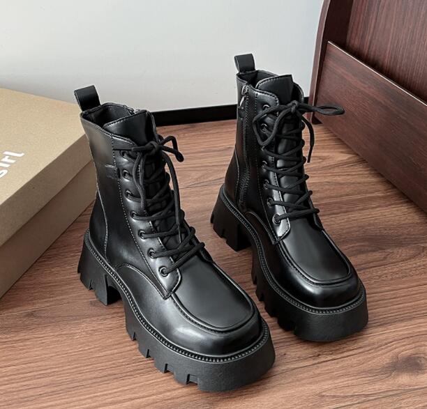 秋冬厚底ブーツ レースアップ編み上げショートブーツ