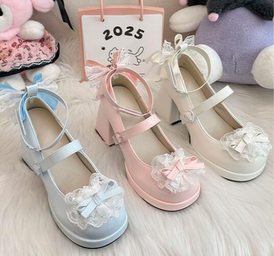 姫系厚底パンプス リボン付き甘可愛ロリータ靴