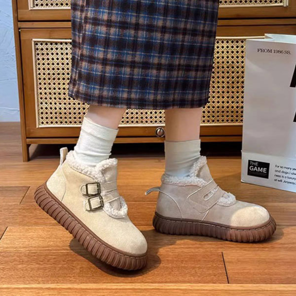 厚底 レディース ムートン風ブーツ 裏ボア 二連ベルト 暖かショートブーツ
