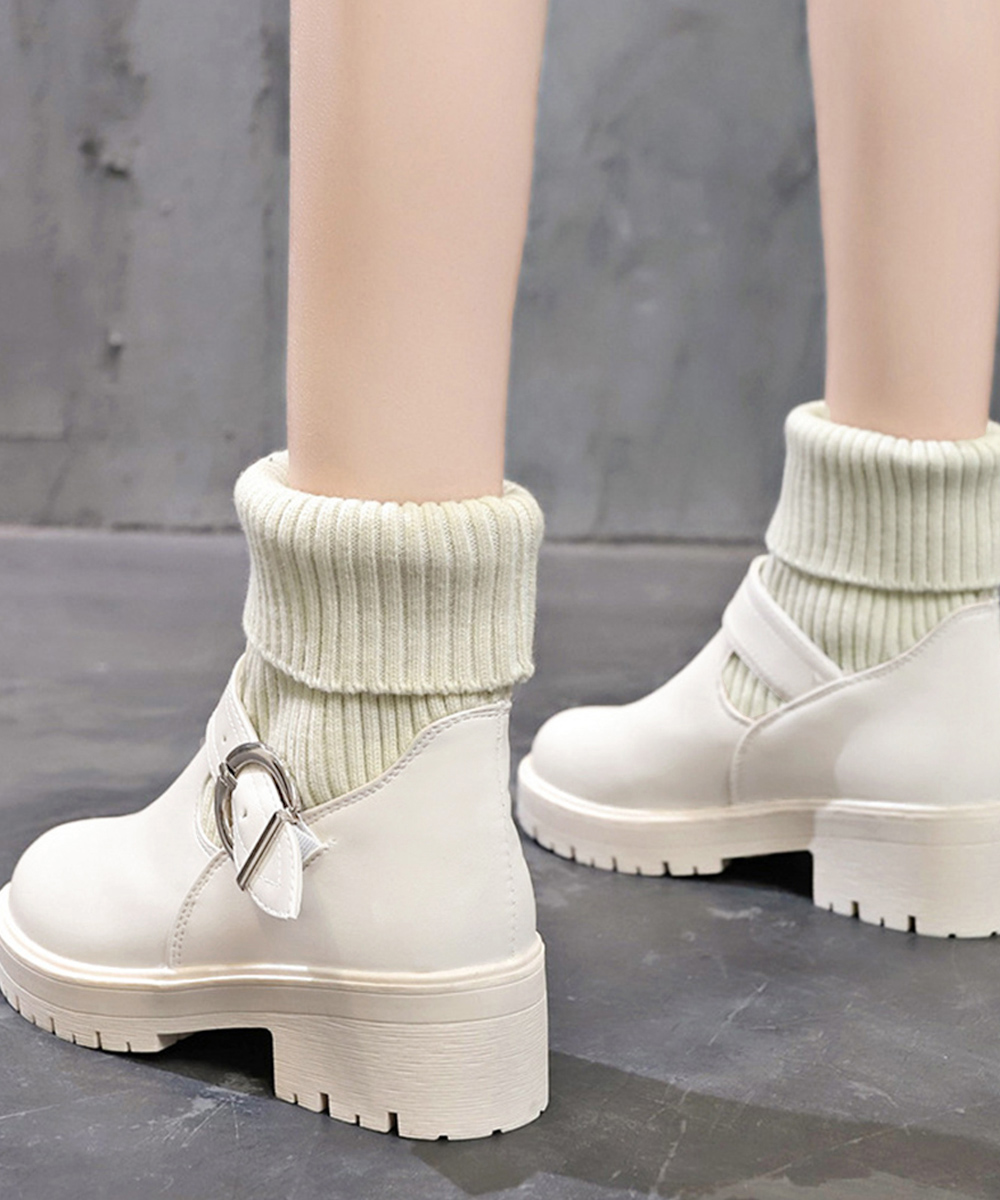 【靴下風ニット切り替え×暖かフィット×韓国系】5.0cm厚底ショートブーツ