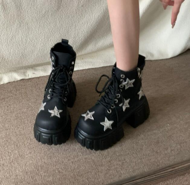 秋冬星柄厚底ブーツ編み上げ黒ショートブーツお出かけ靴